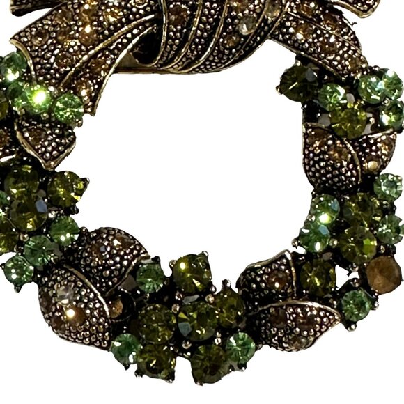 Wreath Brooch Pin With Green Rhinestones Bronze Bow Holiday Jewelry Lapel - Picture 10 of 16